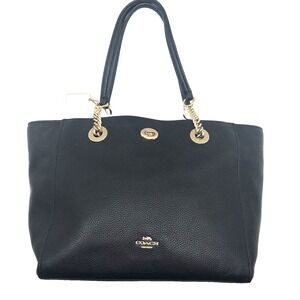 COACH Leather Shoulder Bag Turnlock Closure Chain Black Pebbled 57107